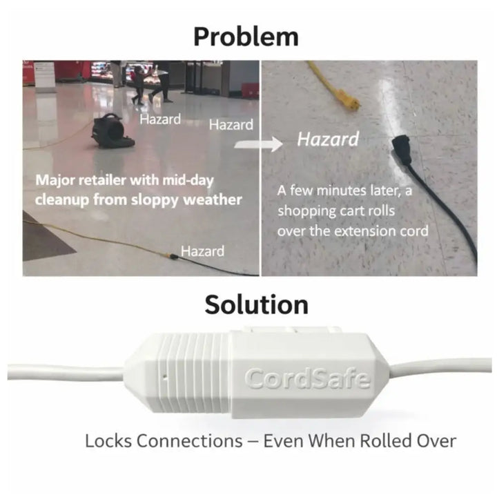 White plastic ribbed cordsafe cord protector with embossed branding for weatherproof outdoor extension cord cover