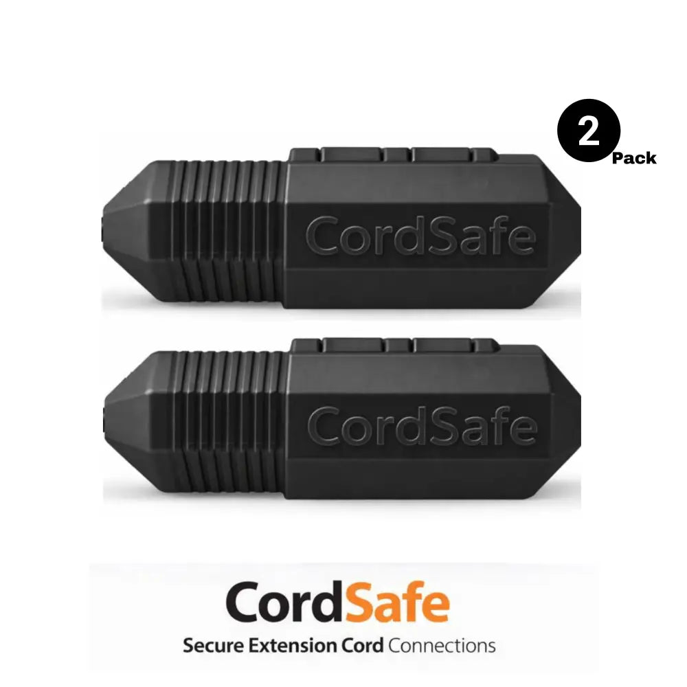 Black cordsafe extension cord connectors, each featuring a textured grip and embossed branding.
