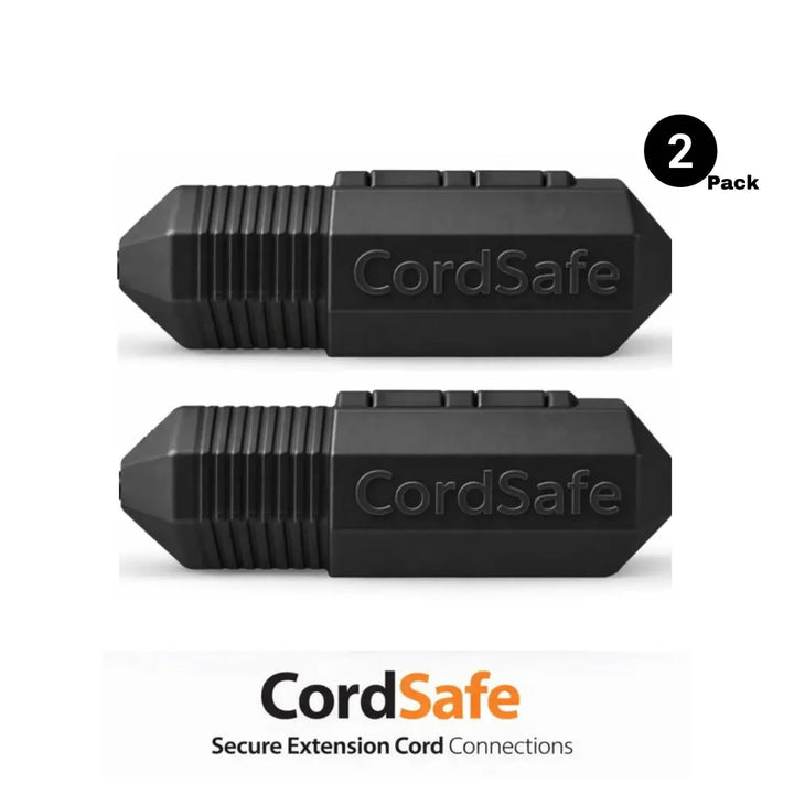Black cordsafe extension cord connectors, each featuring a textured grip and embossed branding.