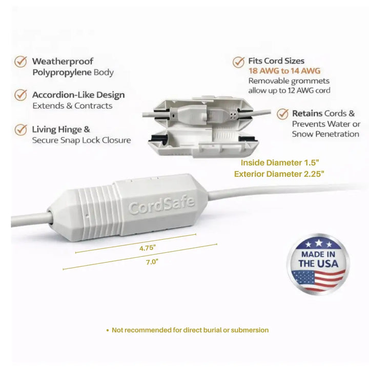 White cordsafe cord protector with weatherproof polypropylene body and accordion design for outdoor extension cord cover