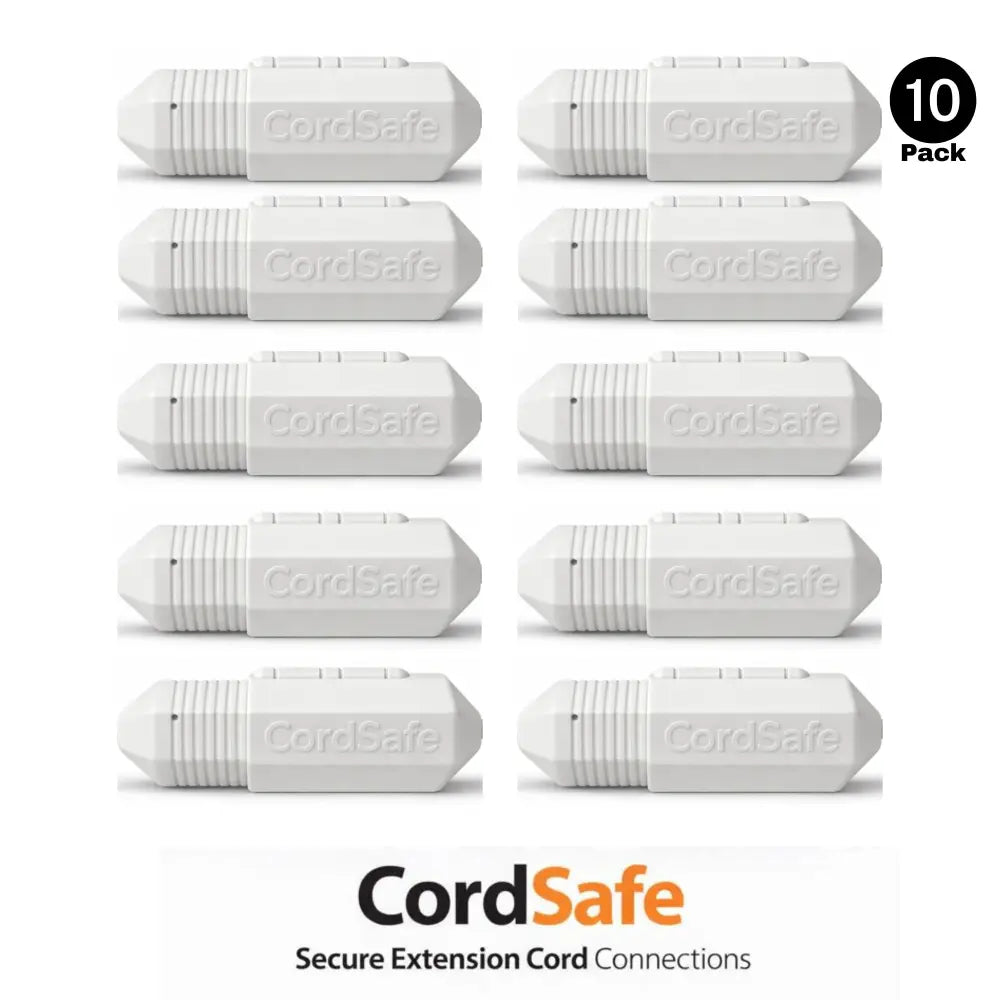 White plastic cordsafe weatherproof outdoor extension cord cover with ribbed texture and embossed branding for safety seal