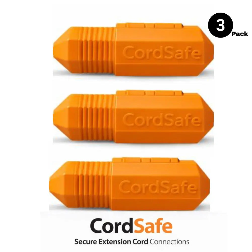 Three bright orange cordsafe plus weatherproof outdoor extension cord cover connectors with ribbed texture and embossed branding