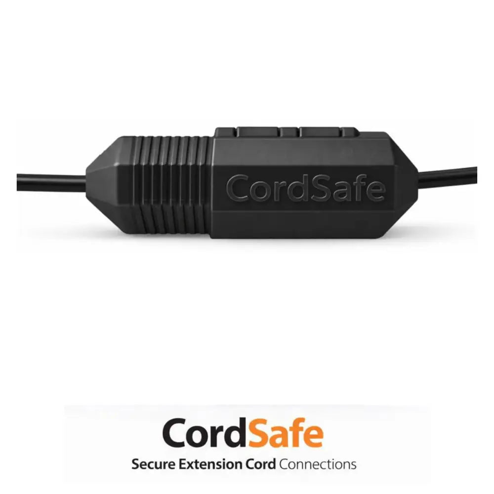 Black cordsafe extension cord connector with ribbed texture and embossed branding.