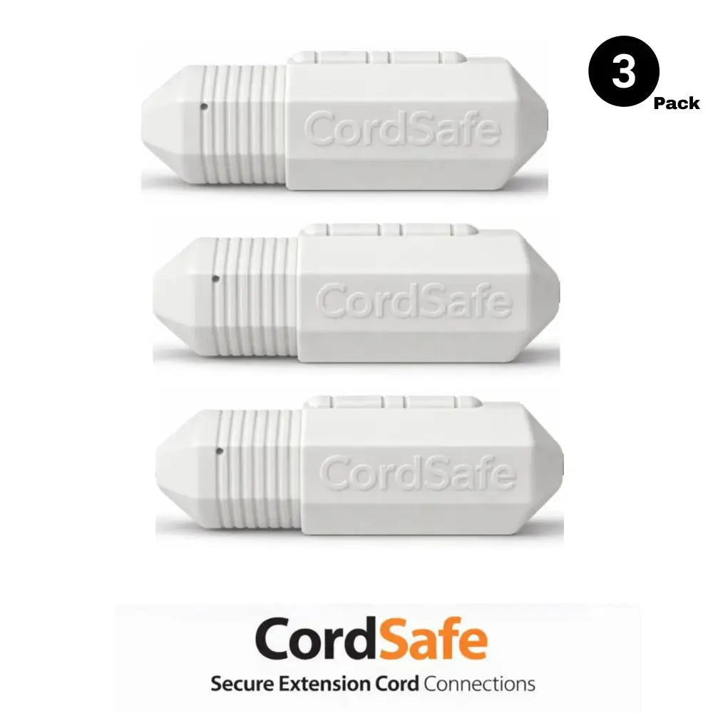 White cordsafe plus weatherproof outdoor extension cord cover with ribbed texture and water resistant cord lock design