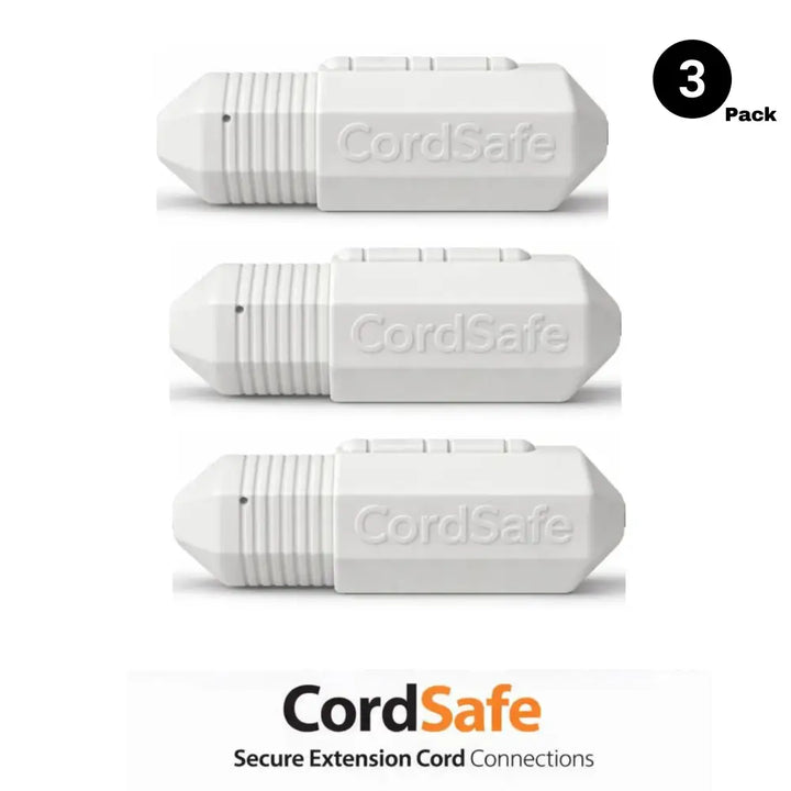 White cordsafe plus weatherproof outdoor extension cord cover with ribbed texture and water resistant cord lock design
