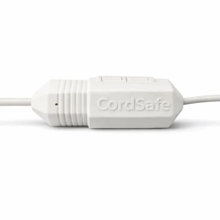 White cordsafe cord organizer with ribbed texture and embossed branding weatherproof outdoor extension cord cover