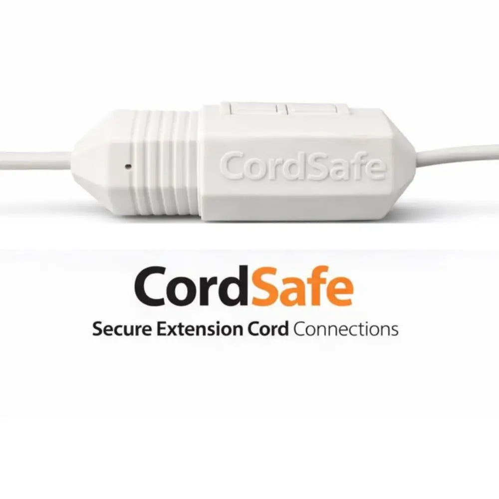 White cordsafe weatherproof outdoor extension cord cover with ribbed texture and molded branding for string lights safety