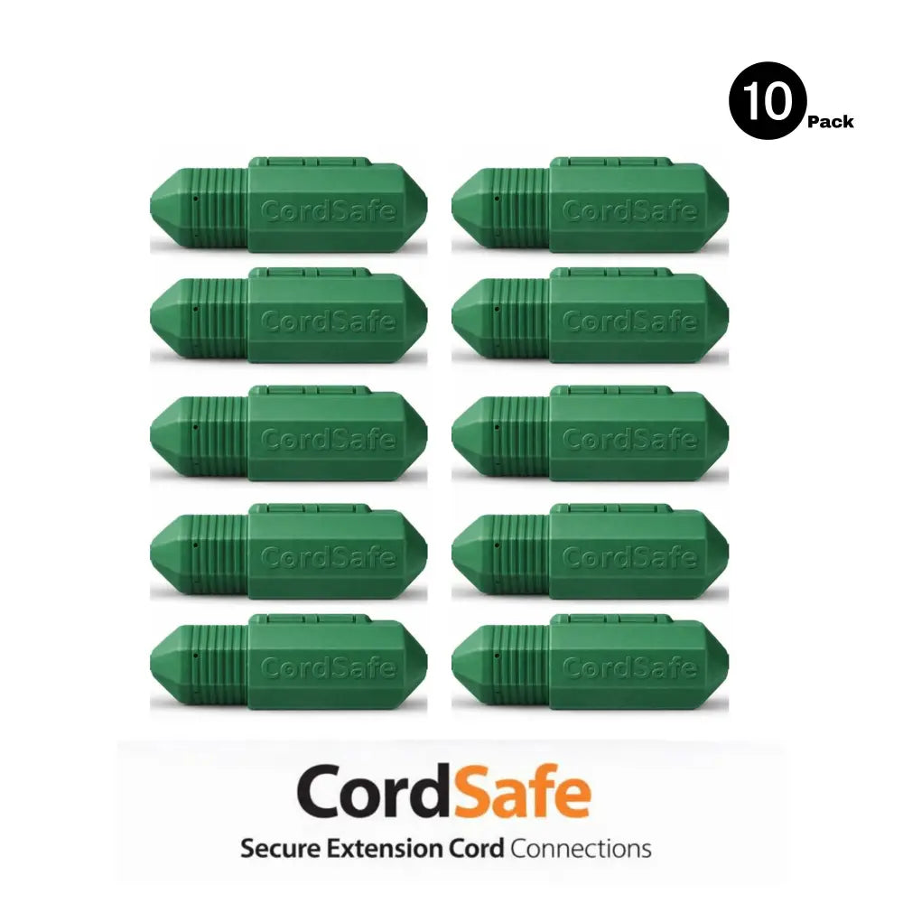 Green weatherproof outdoor extension cord cover with textured grip and embossed branding for cordsafe plus