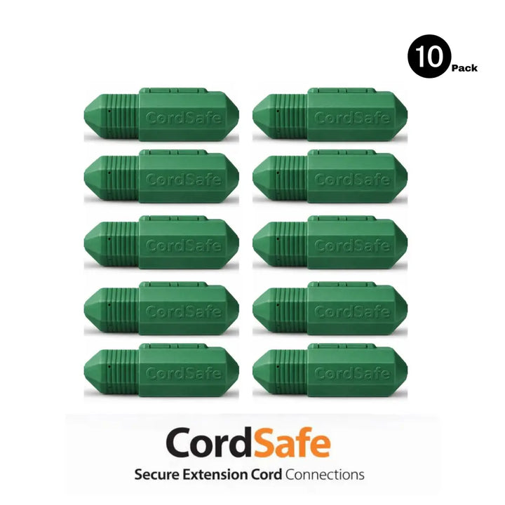 Green weatherproof outdoor extension cord cover with textured grip and embossed branding for cordsafe plus