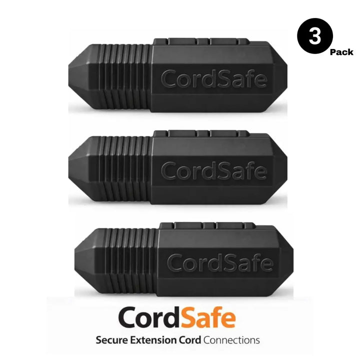Black cordsafe plus weatherproof outdoor extension cord cover with ribbed texture and embossed branding for safety seal