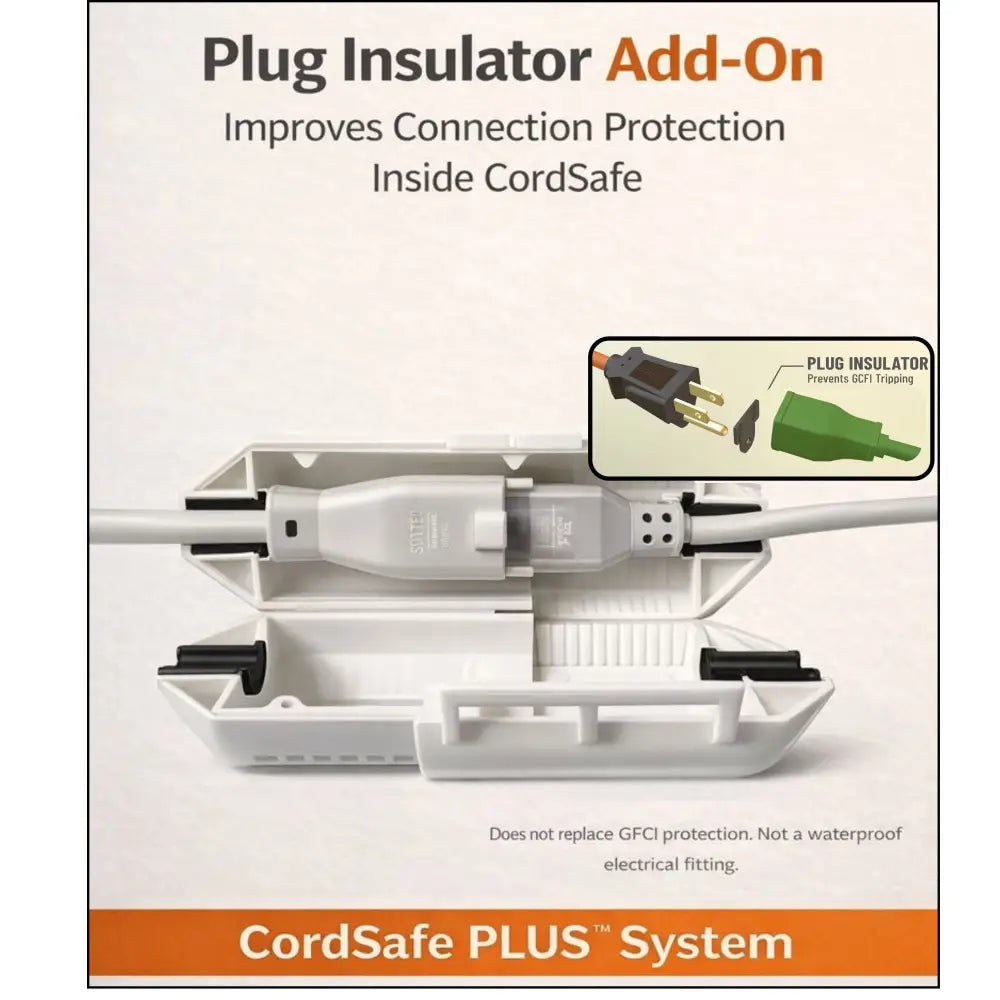 CordSafe Plus white extension cord plug insulator with black accents