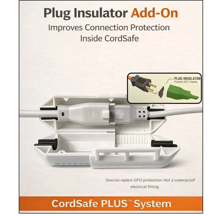 CordSafe Plus white extension cord plug insulator with black accents