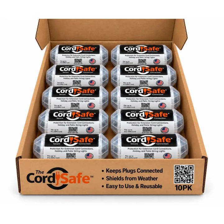 Cordsafe outdoor extension cord connection protector is a clear plastic weatherproof electrical plug protector