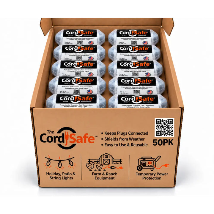Cordsafe outdoor extension cord connection protector 50-pack with clear sleeves is a weatherproof electrical plug protector