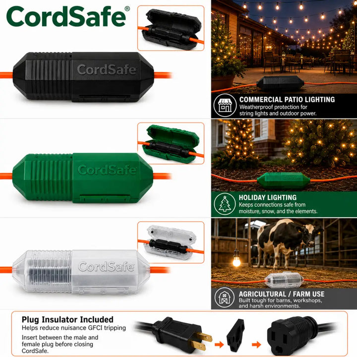 Cordsafe outdoor extension cord connection protectors in black green and clear ribbed plastic for weatherproof electrical plug protection