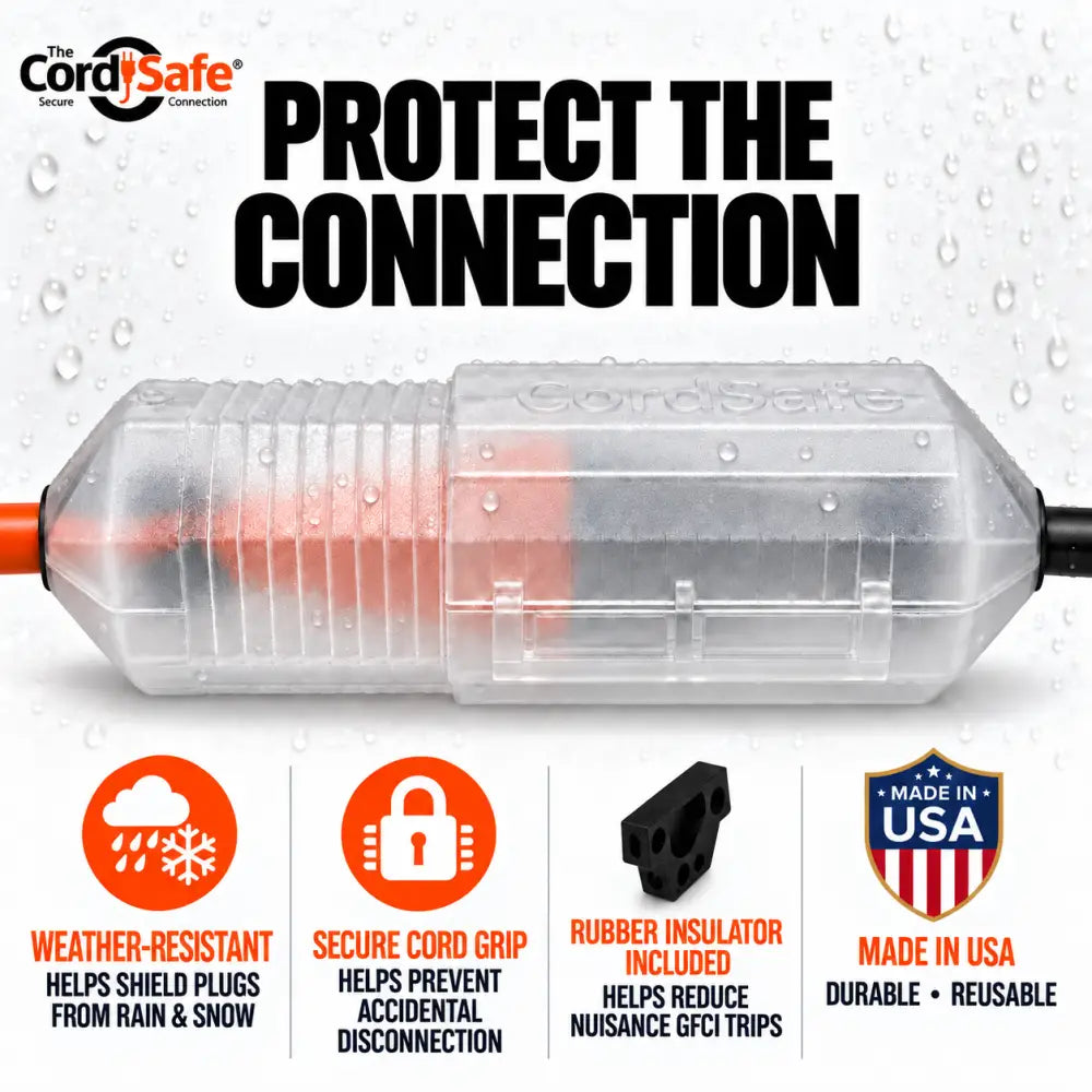 CordSafe outdoor extension cord cover clear plastic protector with ribbed design and orange black cord ends for secure grip
