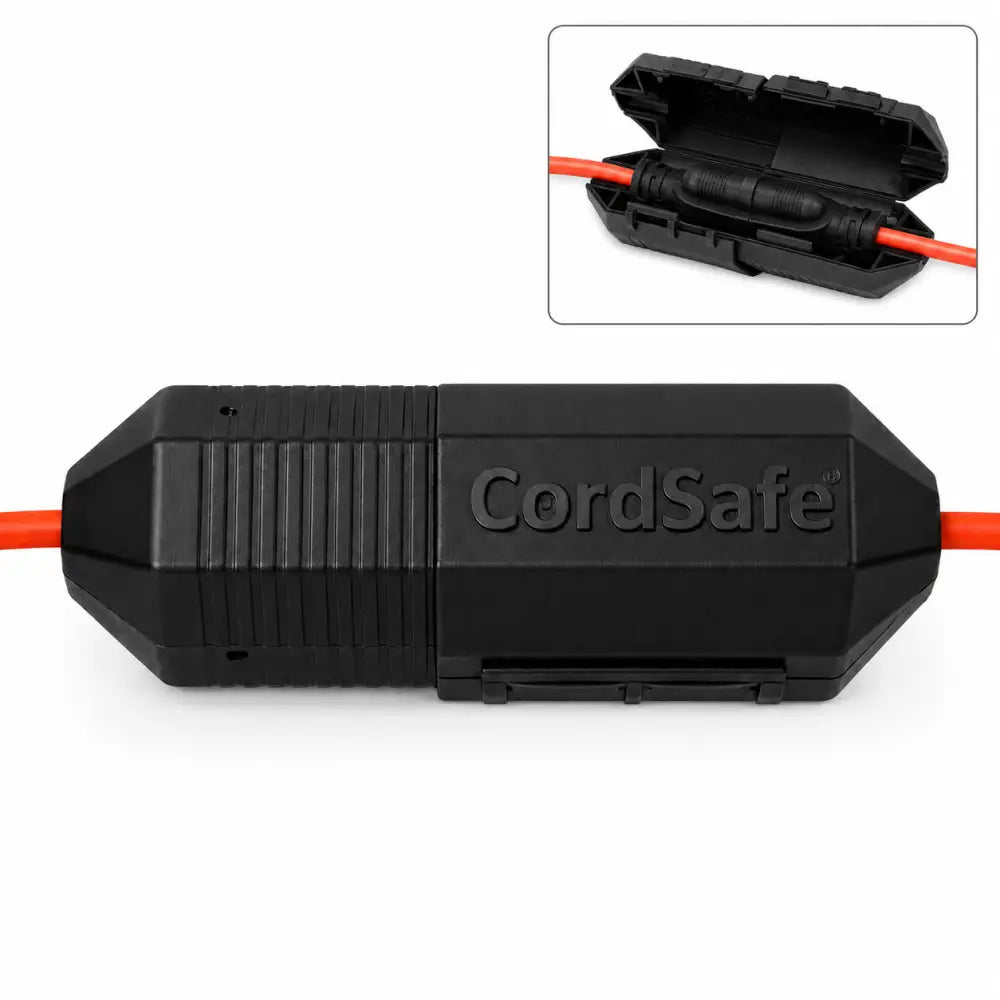 Blacks CordSafe outdoor extension cord cover with insulator shown opened and closed