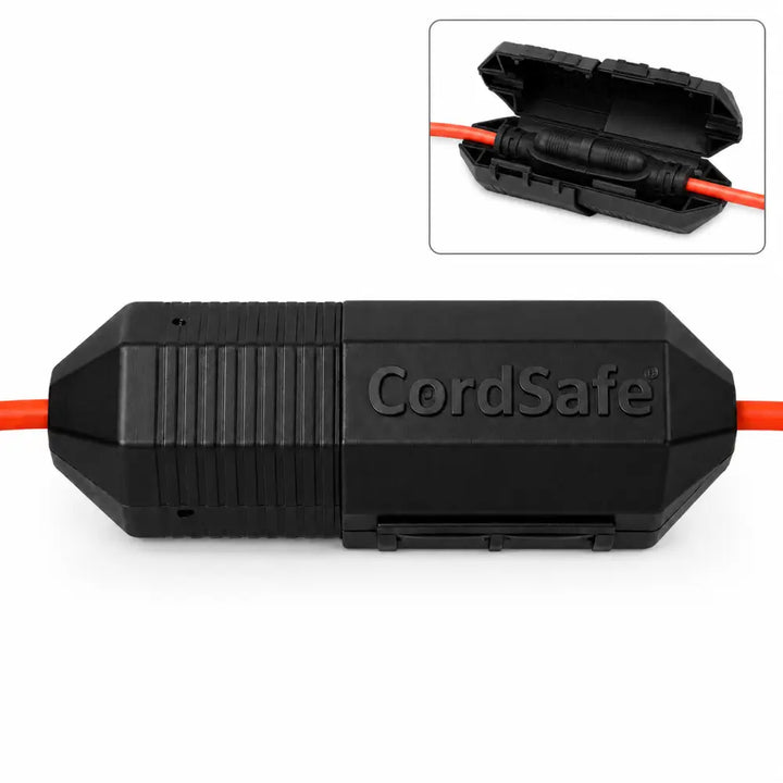 Blacks CordSafe outdoor extension cord cover with insulator shown opened and closed
