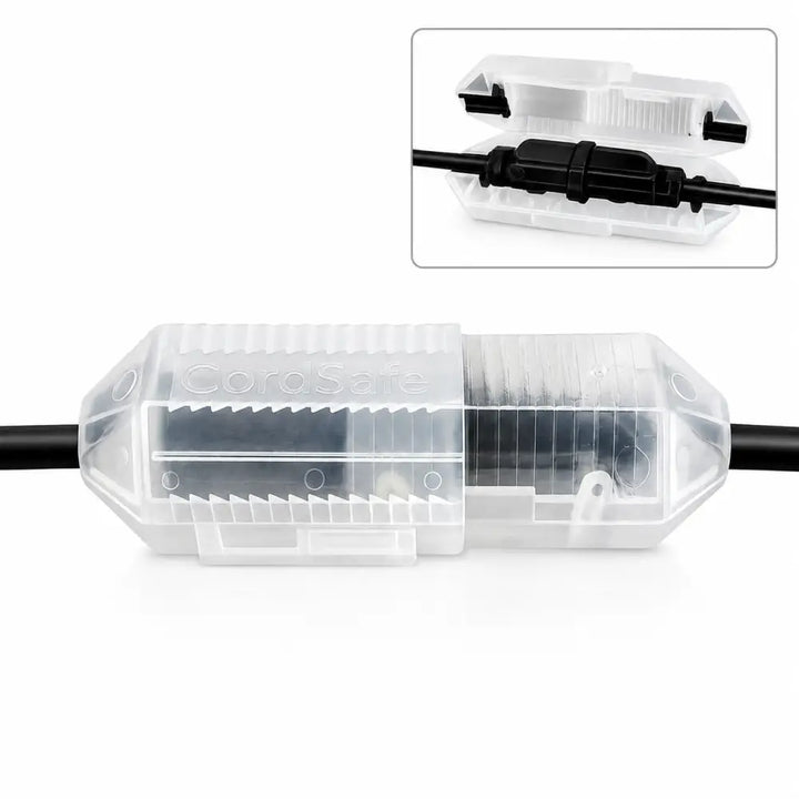 Cordsafe outdoor extension cord cover clear plastic with black connector and ribbed design for weatherproof use shown opened and closed