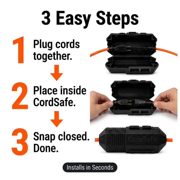 Cordsafe outdoor extension cord cover with rugged black textured design and orange cords for weatherproof protection