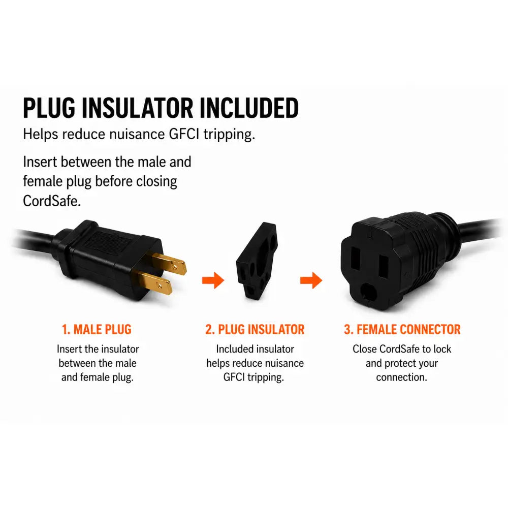 Black ribbed cordsafe outdoor extension cord cover plug insulator with weatherproof electrical plug protector design