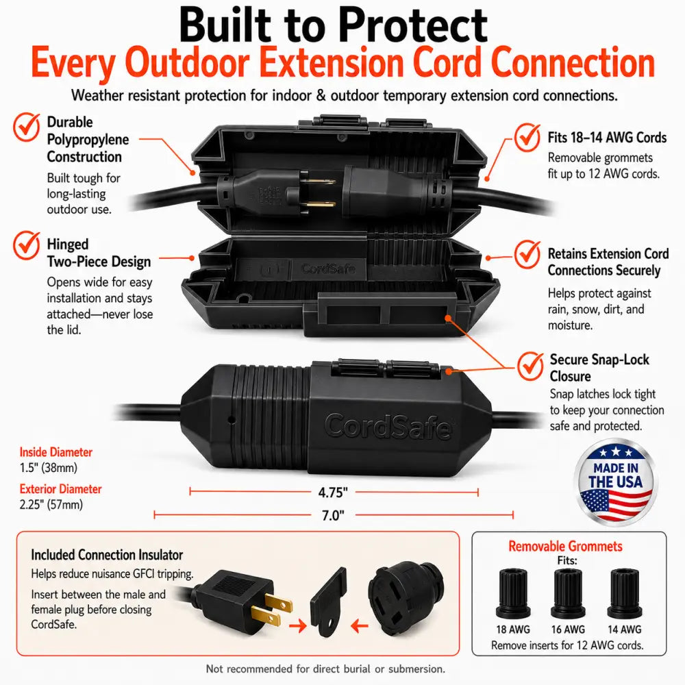 Black cordsafe outdoor extension cord cover with hinged two-piece design and secure snap-lock water resistant cord lock and all the features