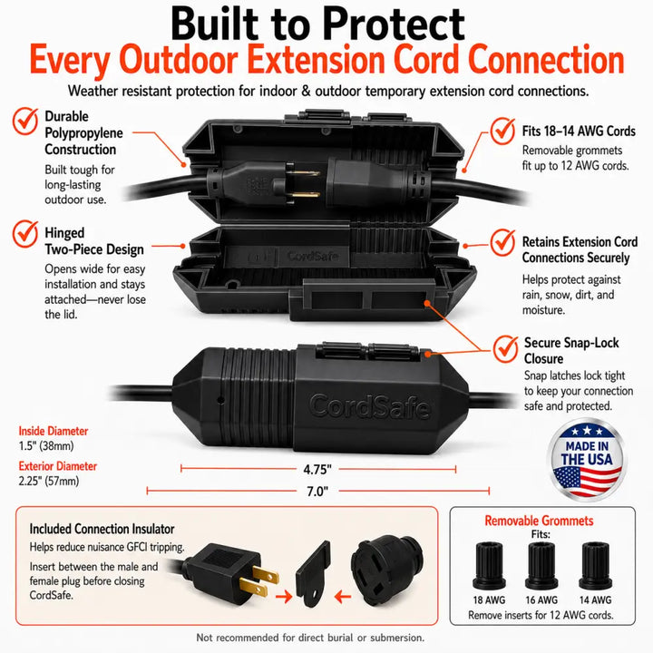 Black cordsafe outdoor extension cord cover with hinged two-piece design and secure snap-lock water resistant cord lock and all the features