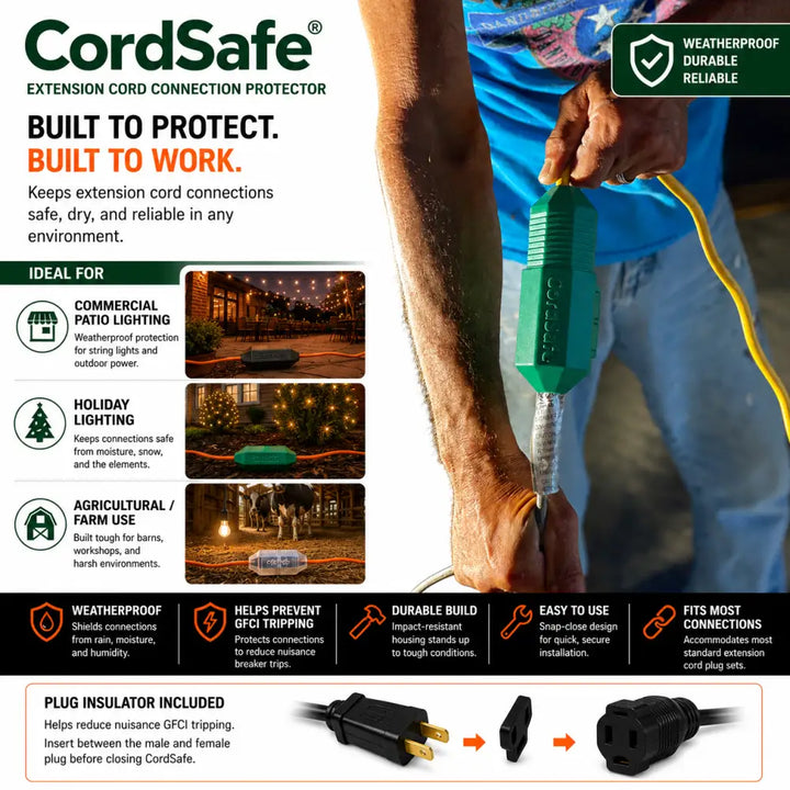Green cordsafe outdoor extension cord cover with snap-close impact-resistant housing and weatherproof electrical plug protector