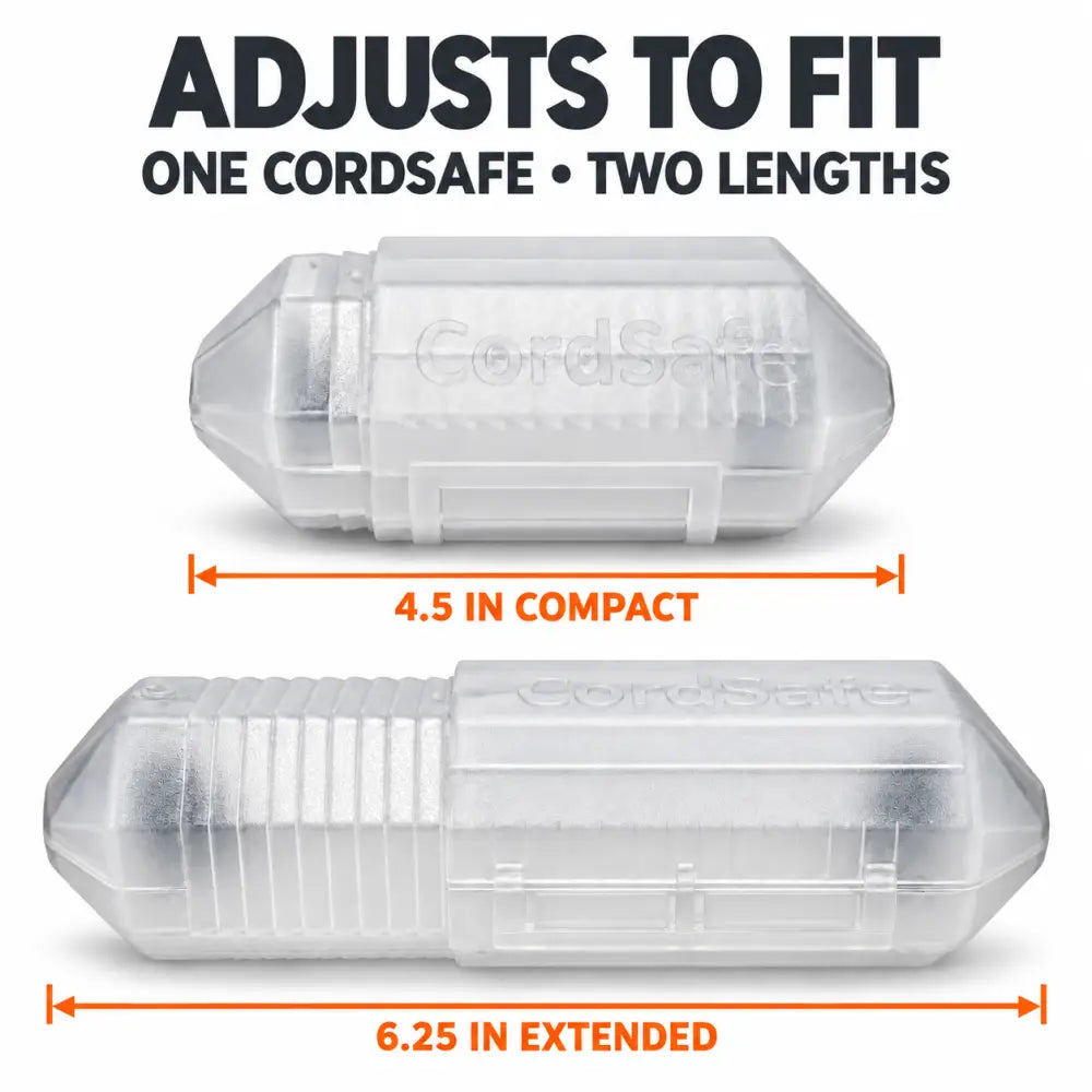 Cordsafe outdoor extension cord cover with clear plastic ribbed exterior and adjustable length settings for secure fit