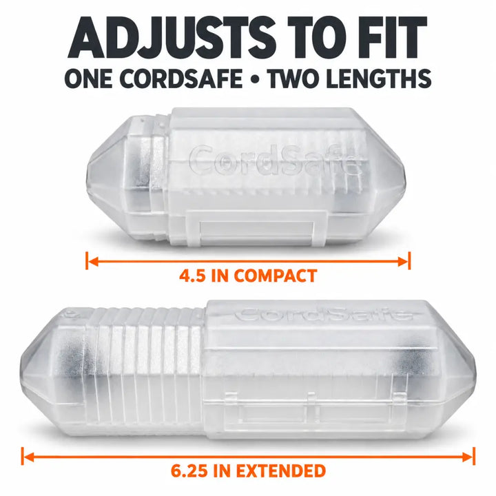 Cordsafe outdoor extension cord cover with clear plastic ribbed exterior and adjustable length settings for secure fit