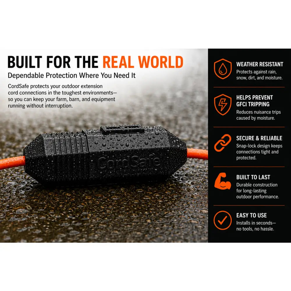 Cordsafe outdoor extension cord connection protector is a black textured weatherproof electrical plug protector with plug insulator that helps prevent GFCI tripping