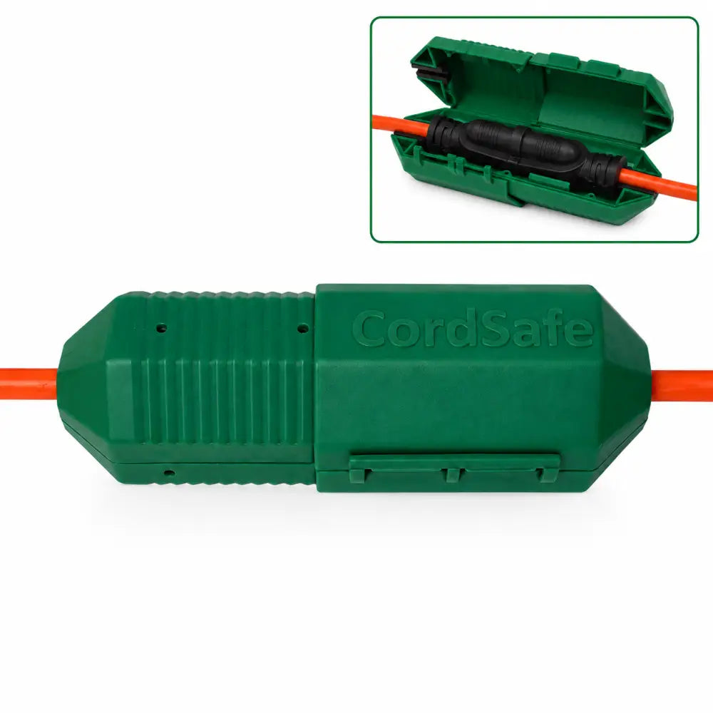Cordsafe outdoor extension cord connection protector with green ribbed plastic cover shown opened and closed 