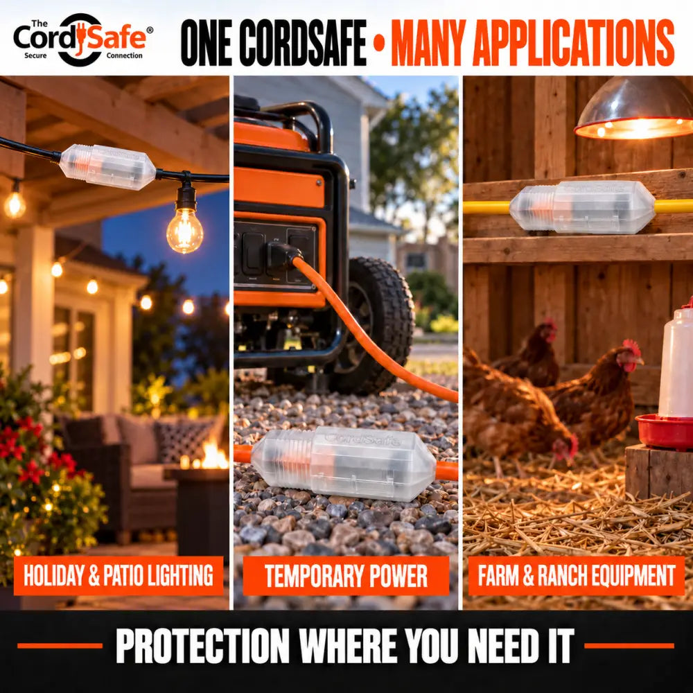 CordSafe outdoor extension cord cover clear plastic with orange ends weatherproof electrical plug protector for farm use