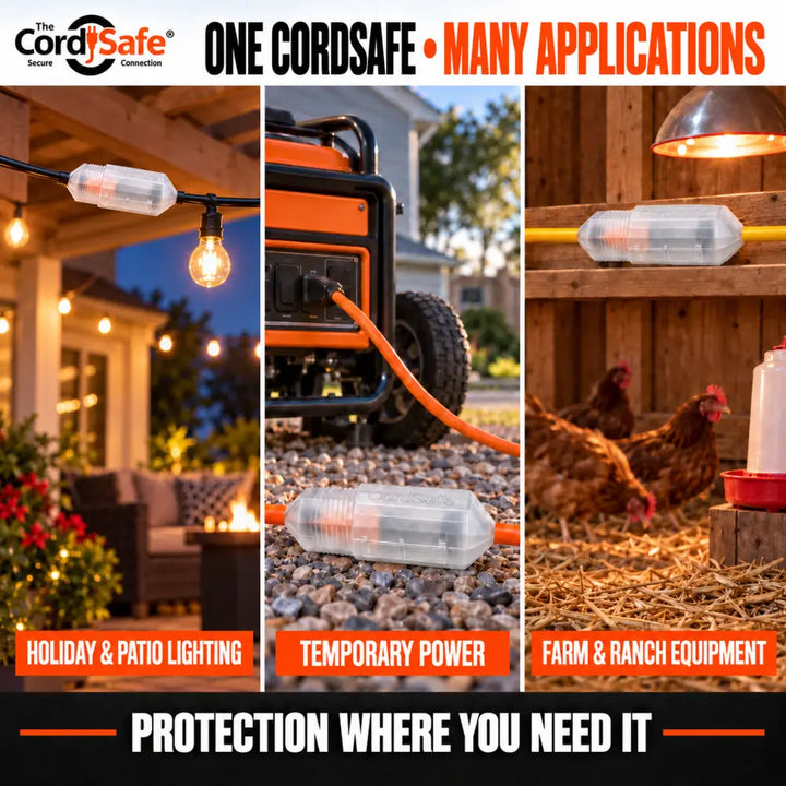 CordSafe outdoor extension cord cover clear plastic with orange ends weatherproof electrical plug protector for farm use