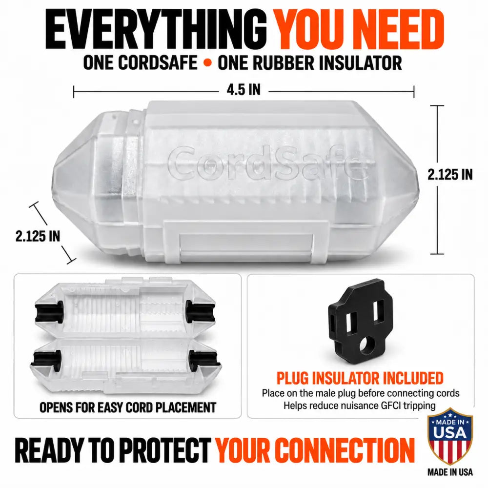 Clear plastic cordsafe outdoor extension cord cover with black rubber insulator weatherproof electrical plug protector