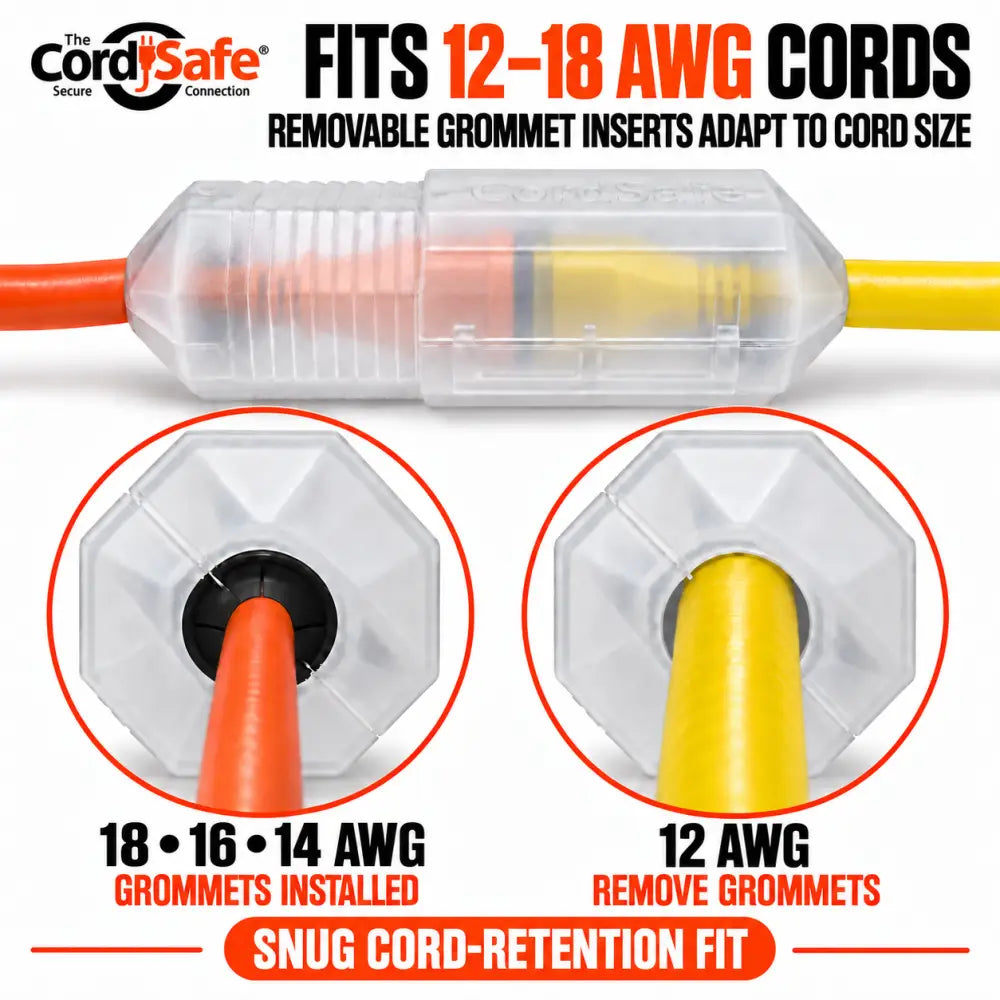 Clear plastic cordsafe outdoor extension cord cover with removable grommet inserts for 12-18 awg cords over orange and yellow wires