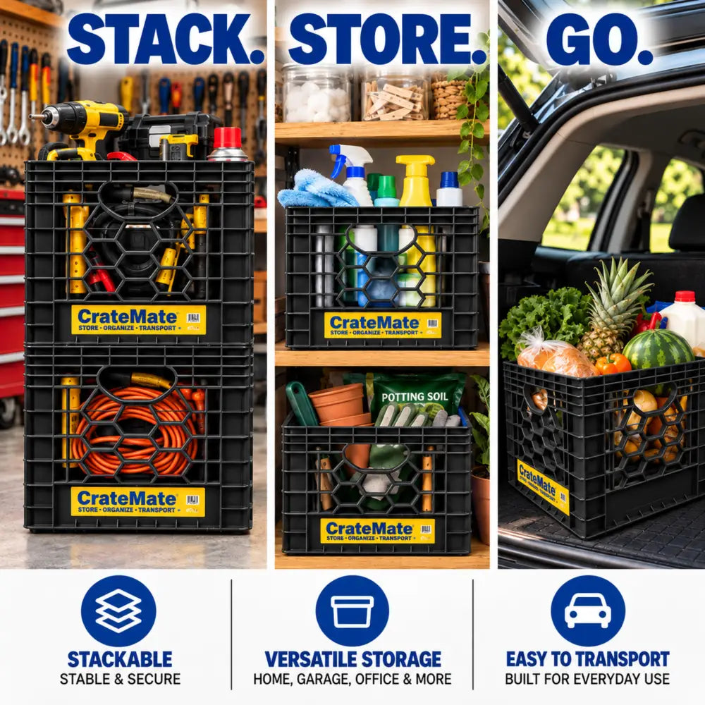 CrateMate 16-quart crates shown stacked with tools in a garage workshop, storing cleaning supplies on a shelf, and carrying groceries in an SUV, with Stack Store Go text