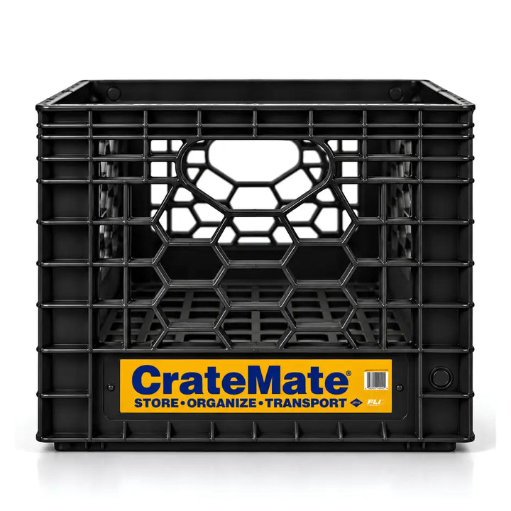 Black CrateMate 16-quart heavy-duty stackable storage crate with yellow Store Organize Transport label and hexagon lattice sides, front view on white background