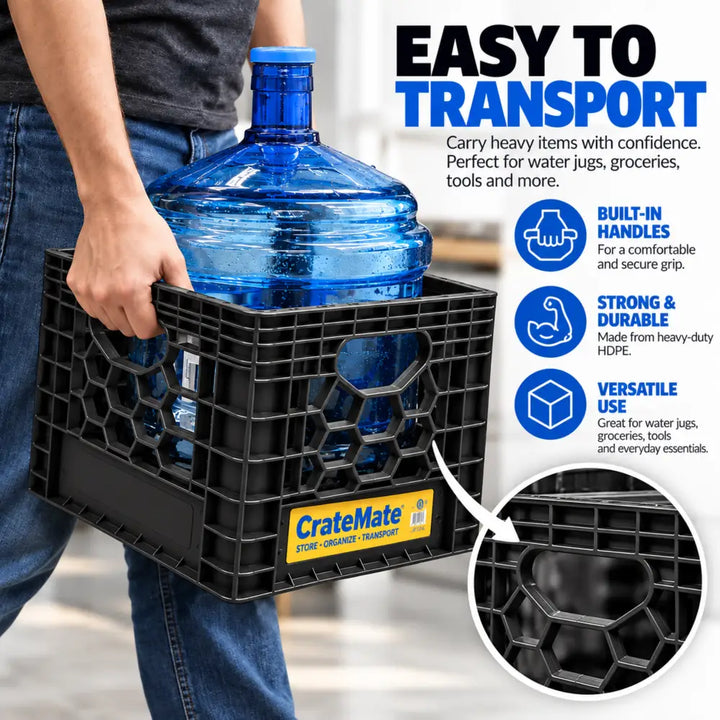 Person carrying a CrateMate 16-quart crate holding a large blue water jug, with Easy to Transport text highlighting built-in handles and heavy-duty HDPE construction