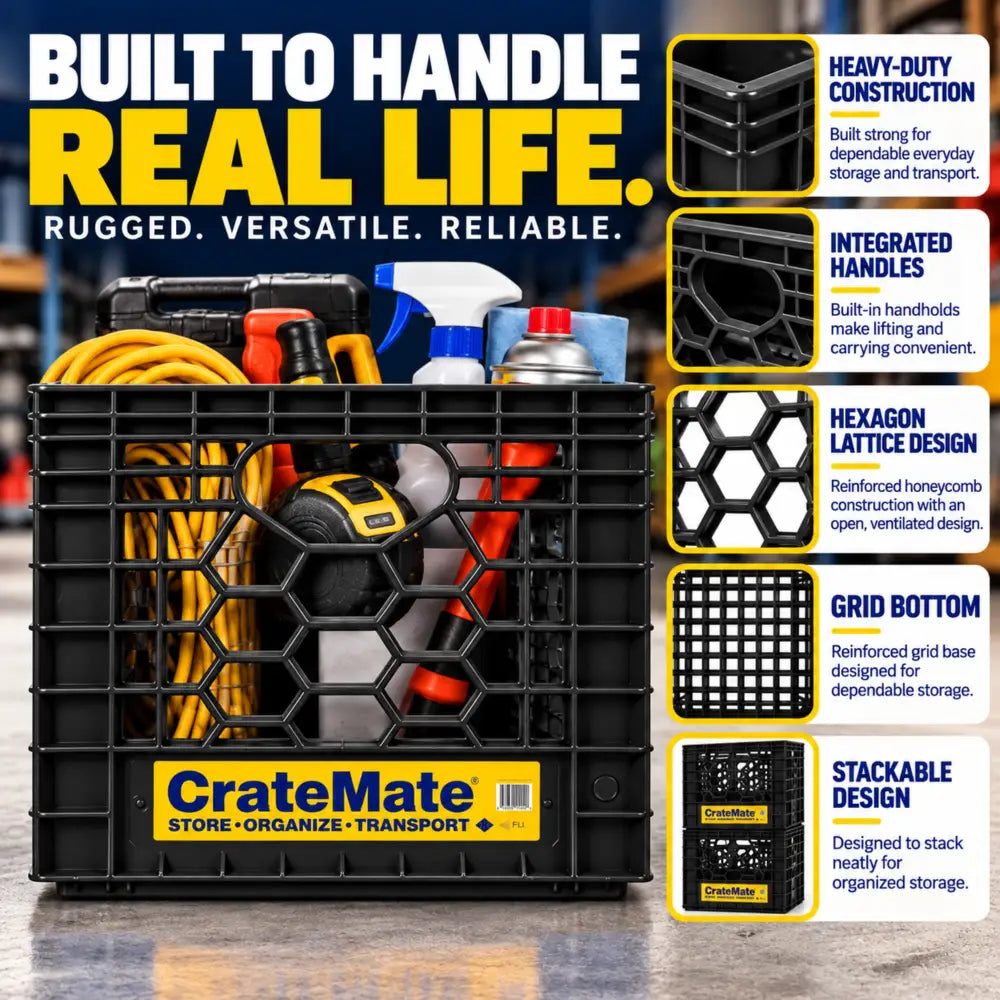 CrateMate 16-quart crate filled with a garden hose, drill, and spray bottles in a workshop, with callouts for heavy-duty construction, integrated handles, hexagon lattice, grid bottom, and stackable design