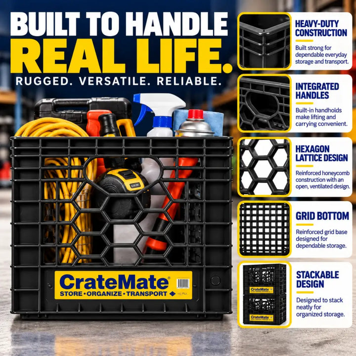 CrateMate 16-quart crate filled with a garden hose, drill, and spray bottles in a workshop, with callouts for heavy-duty construction, integrated handles, hexagon lattice, grid bottom, and stackable design