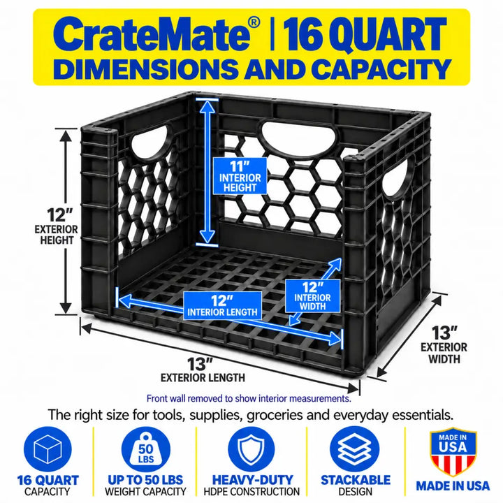 Diagram of CrateMate 16-quart crate dimensions: 13 inches exterior length and width, 12 inches exterior height, 16-quart capacity up to 50 pounds, heavy-duty HDPE, made in USA"