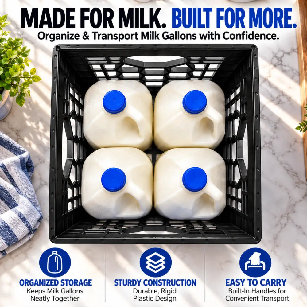 Top-down view of a black CrateMate 16-quart crate holding four gallon milk jugs on a marble countertop, showing organized milk crate storage