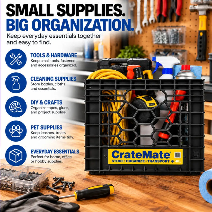 CrateMate 16-quart crate on a workbench holding tools and supplies, with Small Supplies Big Organization text listing uses for tools, cleaning supplies, crafts, and pet supplies