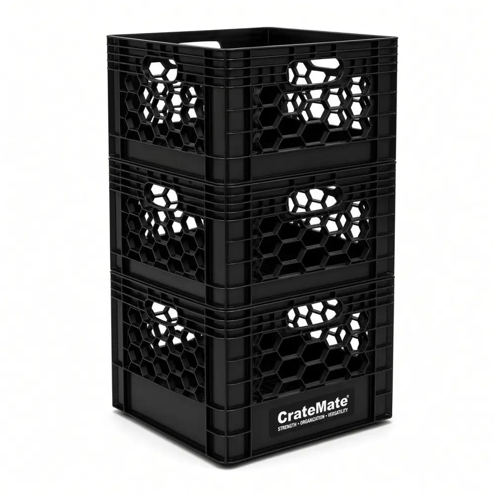 Stack of three black heavy-duty 16qt plastic milk crates with honeycomb-patterned sides made in usa