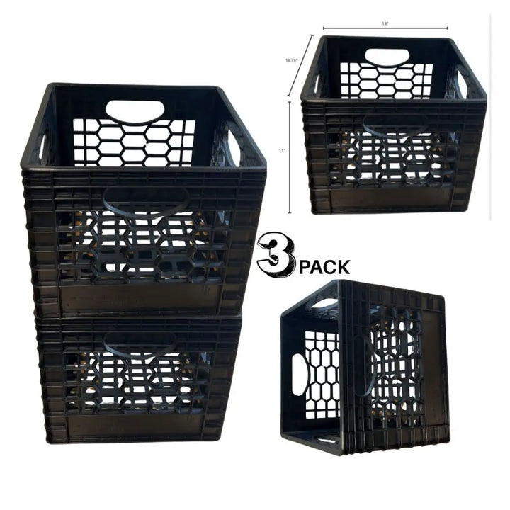 CrateMate 24QT Heavy-Duty Milk Crate Storage - Stackable Black Crate | Made in USA - 3PK - CrateMate Storage Crate