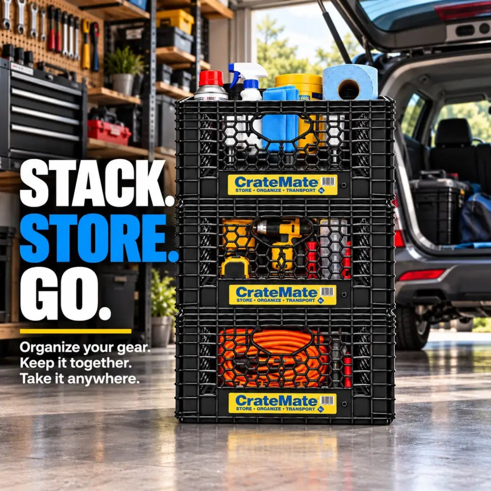 Three stacked CrateMate 24-quart crates filled with cleaning supplies and tools beside an open SUV tailgate in a garage, with Stack Store Go text