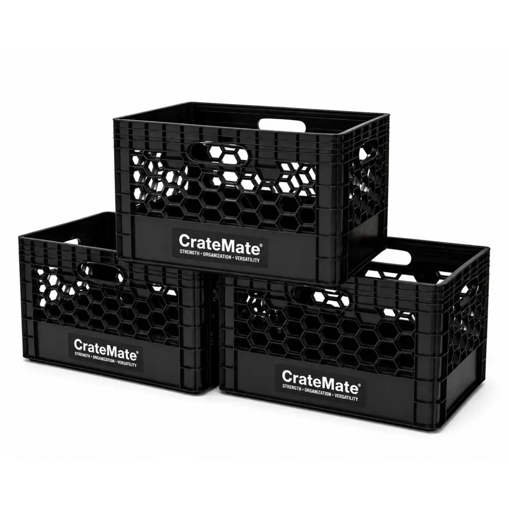 Black milk crate heavy-duty 24qt stackable plastic cratemate storage crate with hexagonal perforations and handles