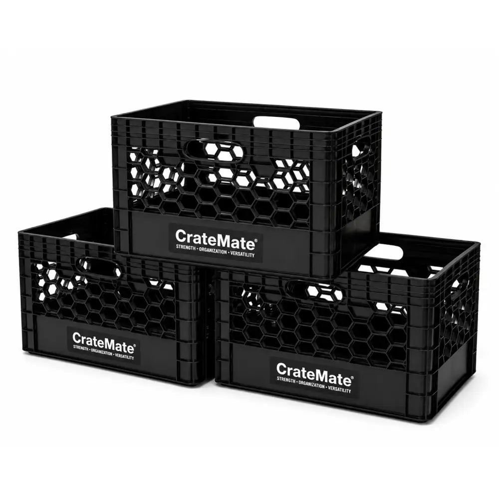 Black milk crate heavy-duty 24qt stackable plastic cratemate storage crate with hexagonal perforations and handles