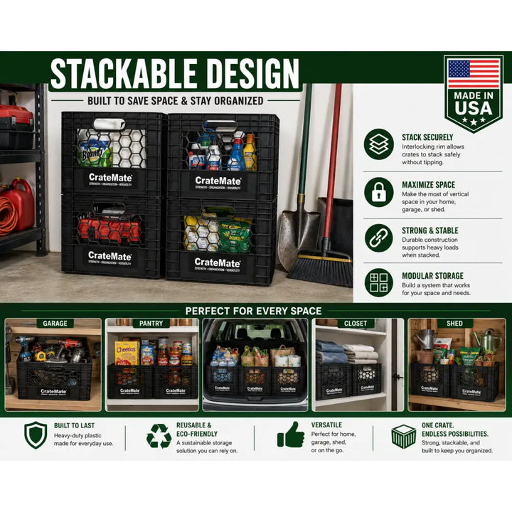 Black milk crate heavy-duty 24qt stacking storage crate with hexagonal mesh inserts and cratemate logo